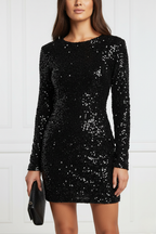 Women's Sequin Long Sleeve Dress with Round Neckline for Evening Events and Parties