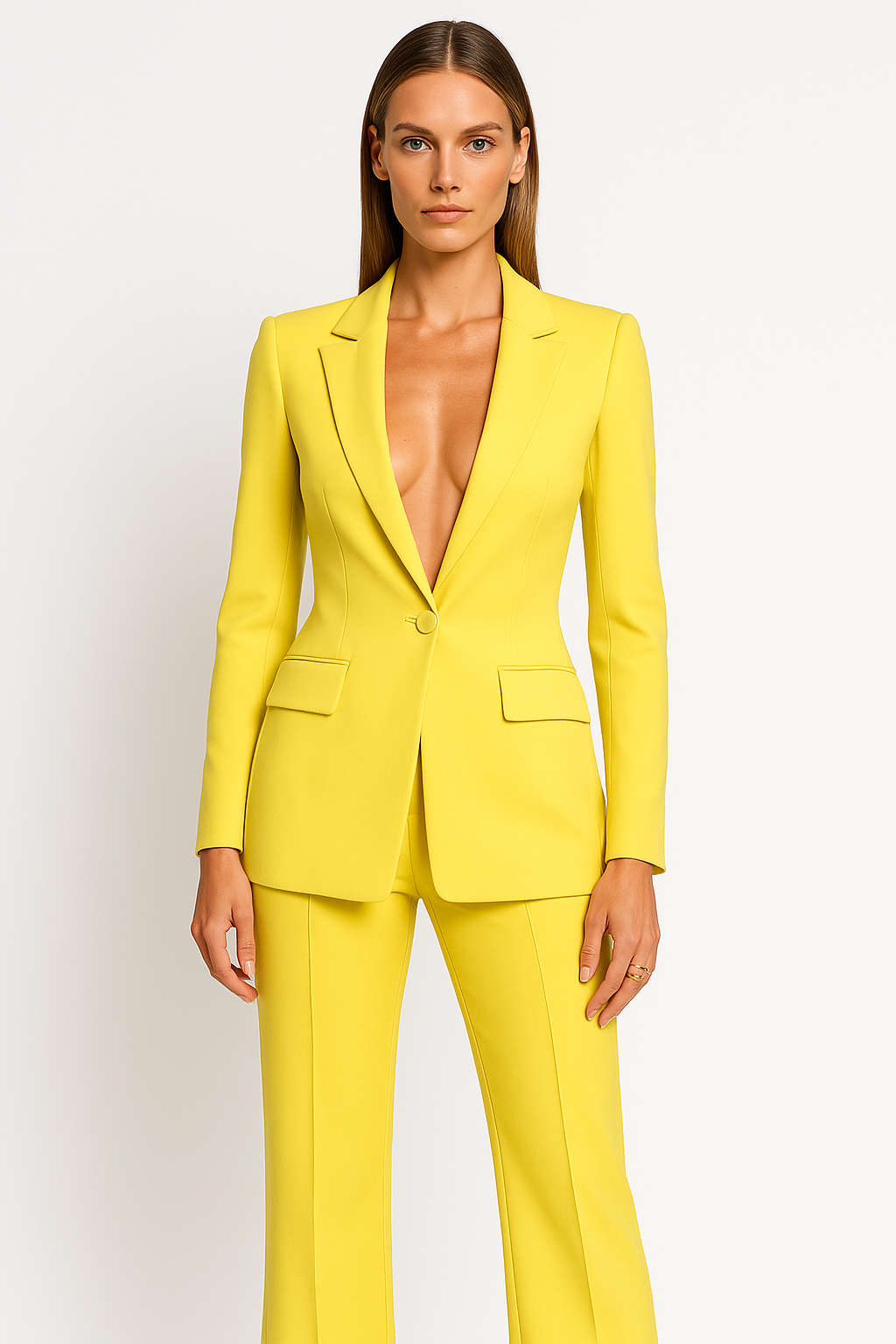 Women's Tailored Blazer and Wide-Leg Trousers Set - Stylish Office Attire in Lightweight Fabric