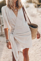 Women's Wrap Mini Dress with Tie Waist, Short Sleeves, Casual Style