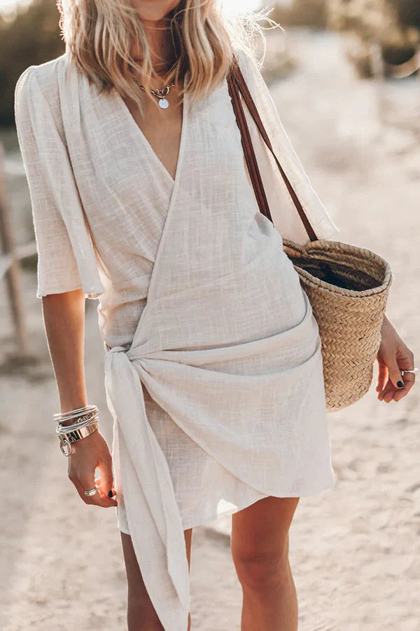 Women's Wrap Mini Dress with Tie Waist, Short Sleeves, Casual Style