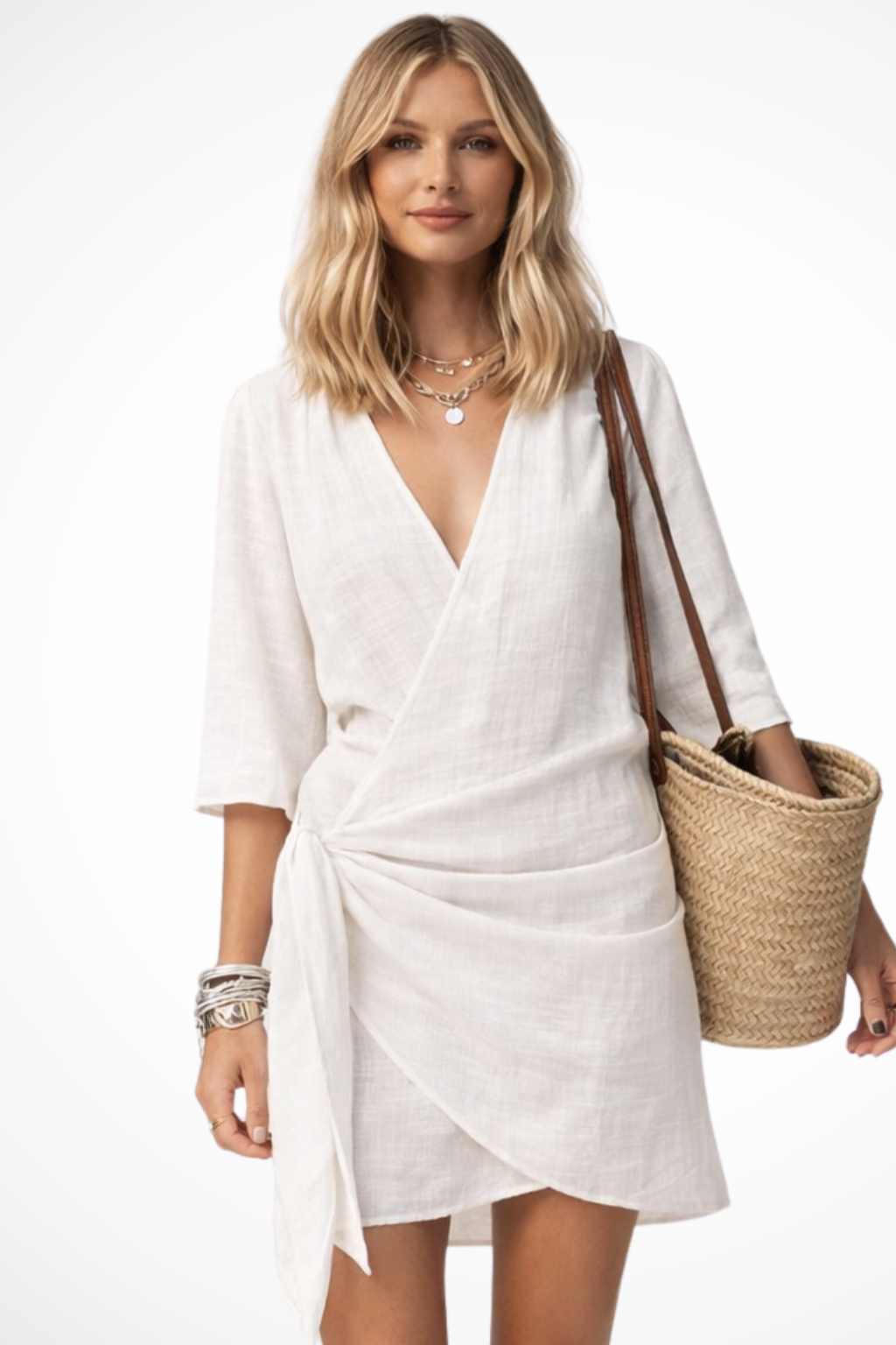 Women's Wrap Mini Dress with Tie Waist, Short Sleeves, Casual Style